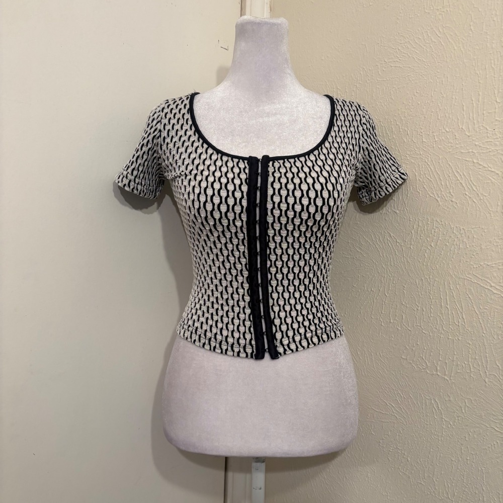 Vintage 90s Textured Black White Geometric Trippy Hook & Eye Corset Top Size S
